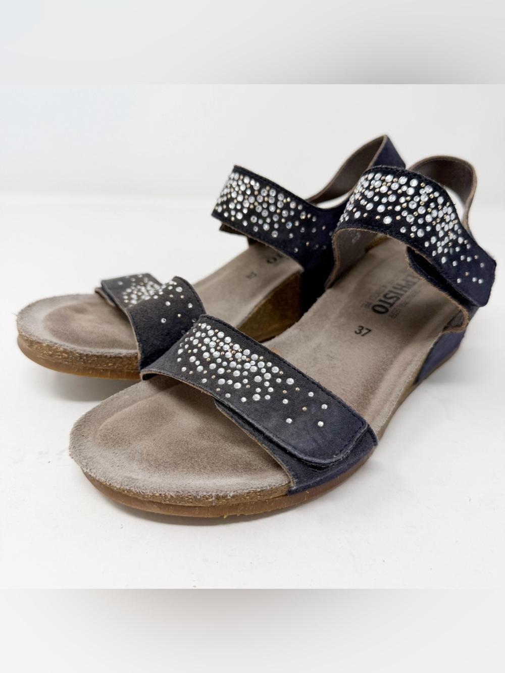 Mephisto Maria Spark Black Leather Rhinestone Wedge Sandals Comfort EU 37 US 6.5